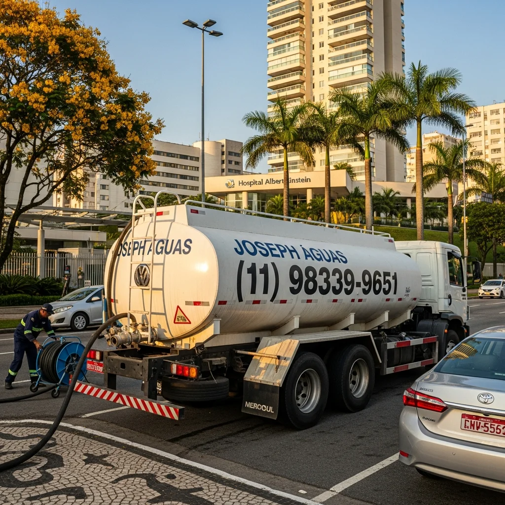 Caminhão pipa Joseph Águas entregando água potável em Moema São Paulo